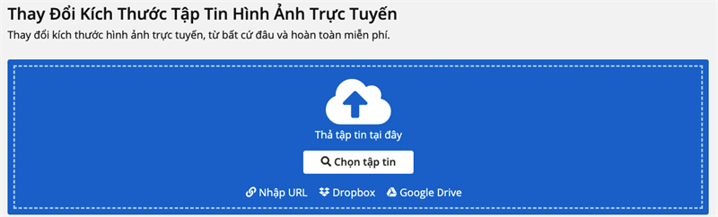 Truy cập vào https://www.img2go.com/vi/resize-image > Nhấn Chọn tập tin để tải ảnh lên. Bạn cũng có thể chọn ảnh từ Google Drive, Dropbox, kéo thả ảnh từ thư mục vào trang web hoặc nhập URL của ảnh